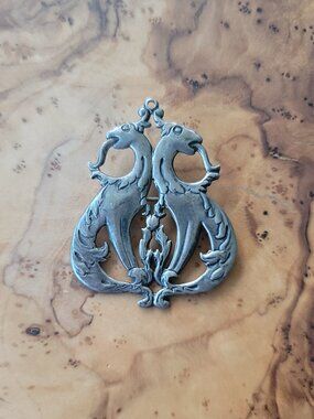 Art Nouveau Deco Sterling Double Sea Griffin Dragon Brooch